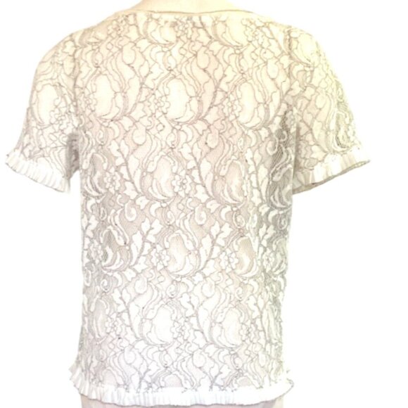 Ann Taylor LOFT Floral Lace Pleat-Ribbon Ruffle Accent Top M 151L - Picture 4 of 7
